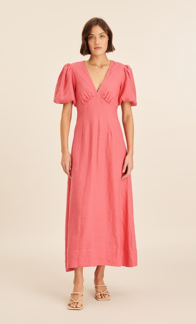 A woman wearing AERE linen gathered v neck puff sleeve midi dress