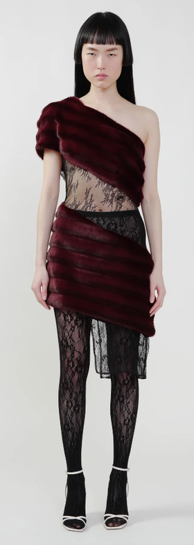 A woman wearing KIM SHUI bordeaux color aubergine faux fur combo dress