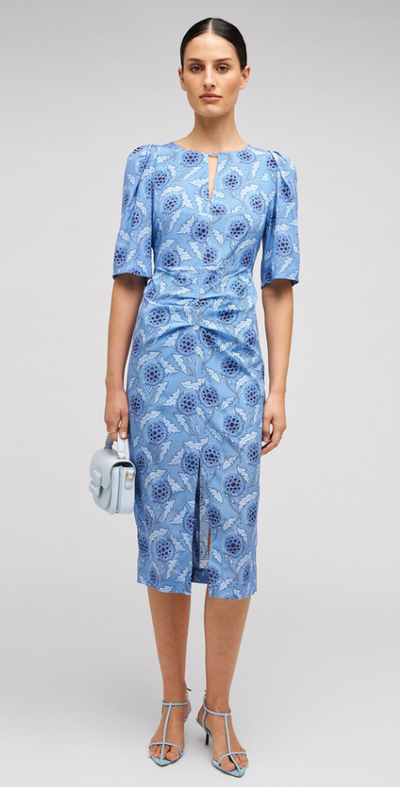 A woman wearing Oroton soft thistle print dress