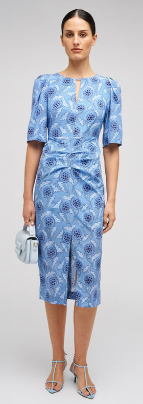 A woman wearing Oroton soft thistle print dress