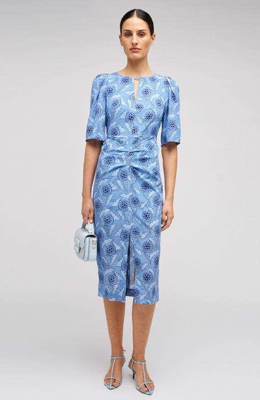 A woman wearing Oroton soft thistle print dress