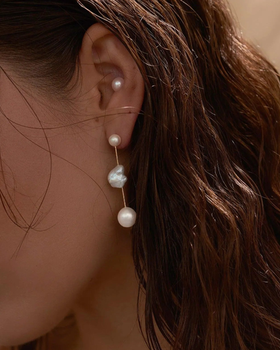 A woman wearing Pearls, Please diamond round cloudbar earrings