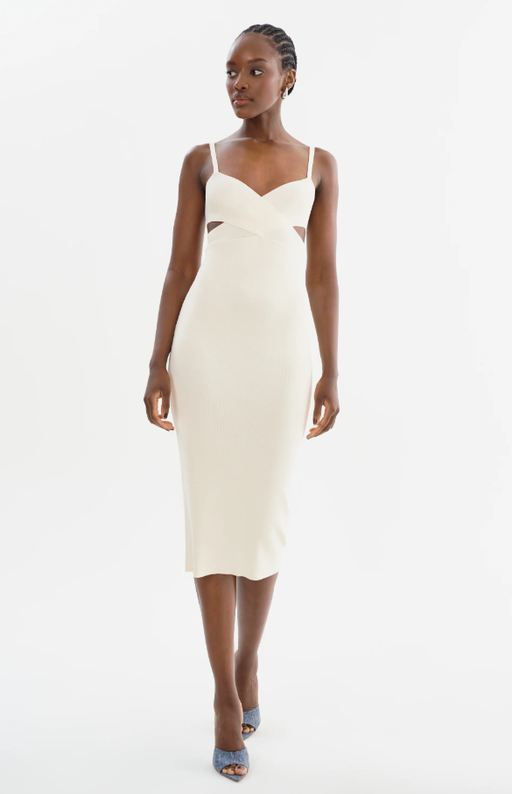 A woman wearing Lamarque off white lidia | midi knit dress