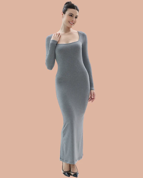 A woman wearing SHAPERX grey long sleeve dress ribbed square neck dresses bodycon maxi dresses