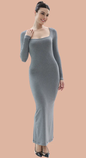 A woman wearing SHAPERX grey long sleeve dress ribbed square neck dresses bodycon maxi dresses