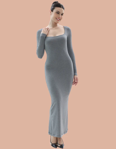 A woman wearing SHAPERX grey long sleeve dress ribbed square neck dresses bodycon maxi dresses