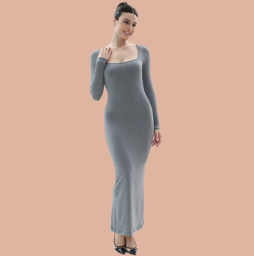 A woman wearing SHAPERX grey long sleeve dress ribbed square neck dresses bodycon maxi dresses