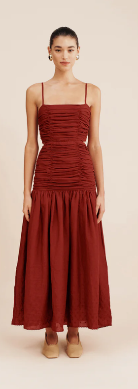 A woman wearing Posse aurelia dress - merlot