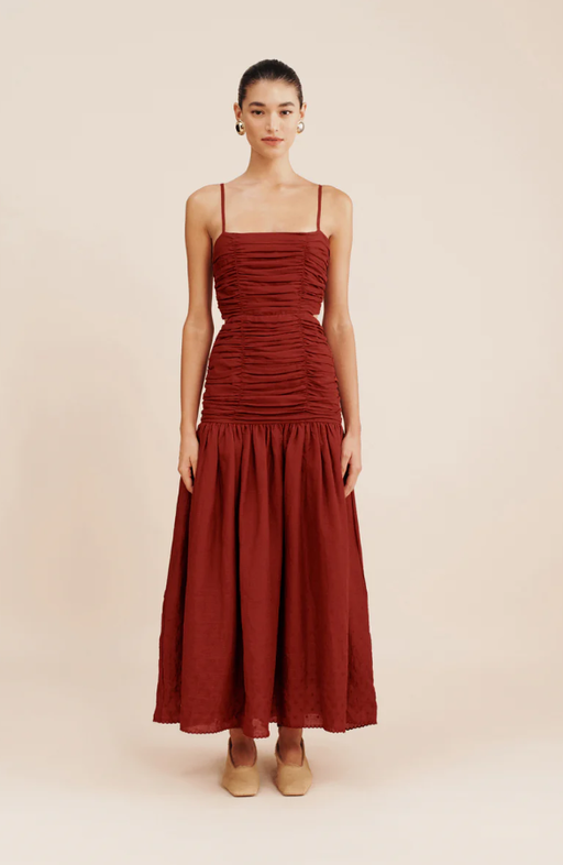 A woman wearing Posse aurelia dress - merlot