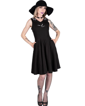 A woman wearing Too Fast orchid bloom | flying bats & web collar swing dress