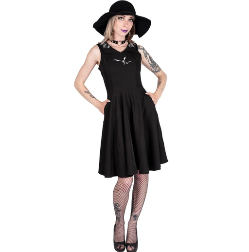A woman wearing Too Fast orchid bloom | flying bats & web collar swing dress