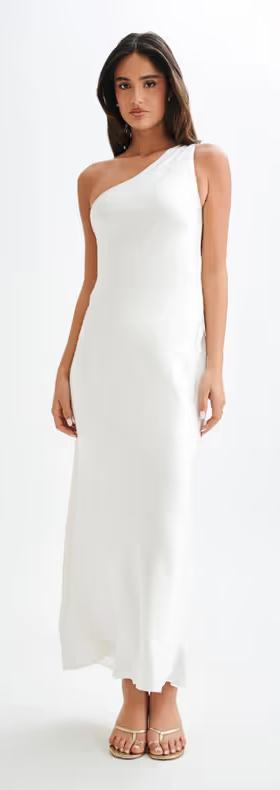 A woman wearing Meshki one shoulder satin maxi dress - white
