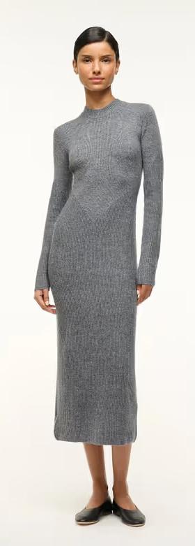 A woman wearing STAUD ramona dress charcoal grey