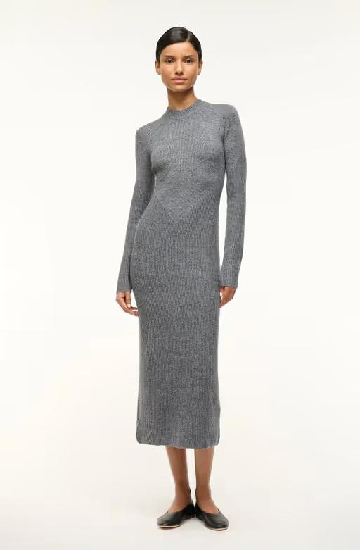 A woman wearing STAUD ramona dress charcoal grey