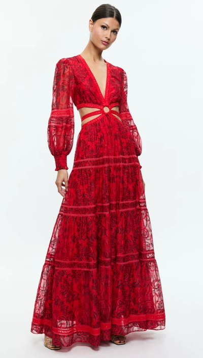 A woman wearing Alice and Olivia patrica tiered ruffle maxi dress