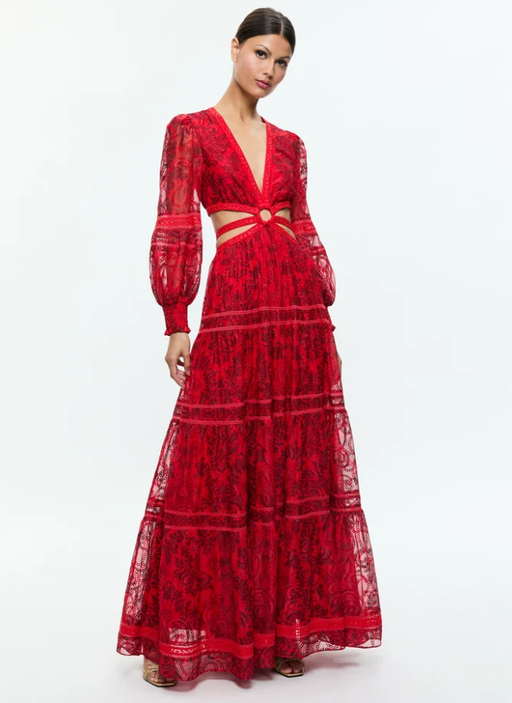 A woman wearing Alice and Olivia patrica tiered ruffle maxi dress