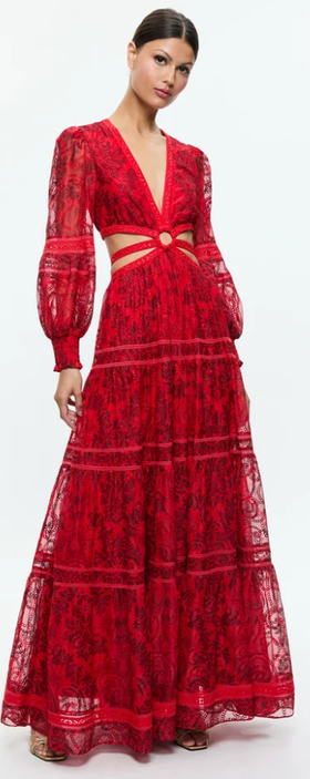 A woman wearing Alice and Olivia patrica tiered ruffle maxi dress