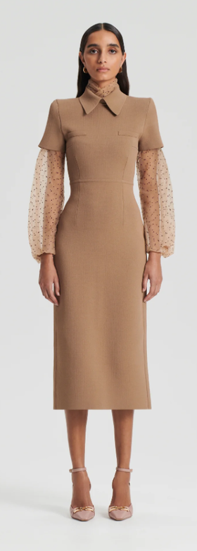 A woman wearing Scanlan Theodore camel crepe knit collar dress