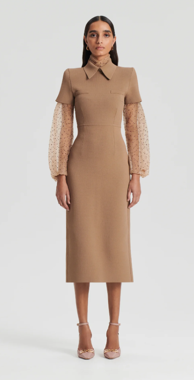A woman wearing Scanlan Theodore camel crepe knit collar dress
