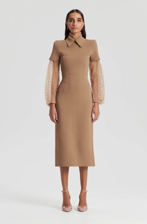 A woman wearing Scanlan Theodore camel crepe knit collar dress