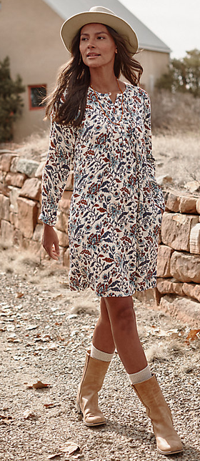 A woman wearing Garnet Hill shiloh crêpe dress