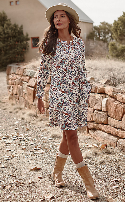 A woman wearing Garnet Hill shiloh crêpe dress