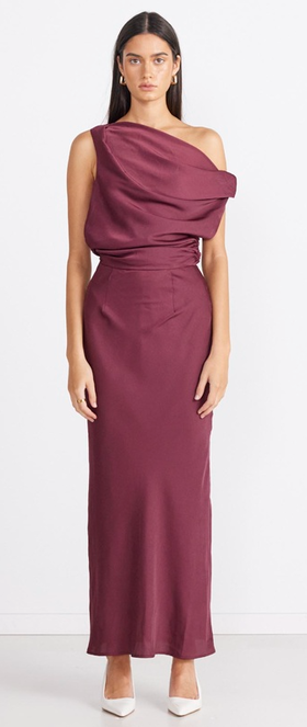 A woman wearing The Iconic burgundy calissa maxi dress