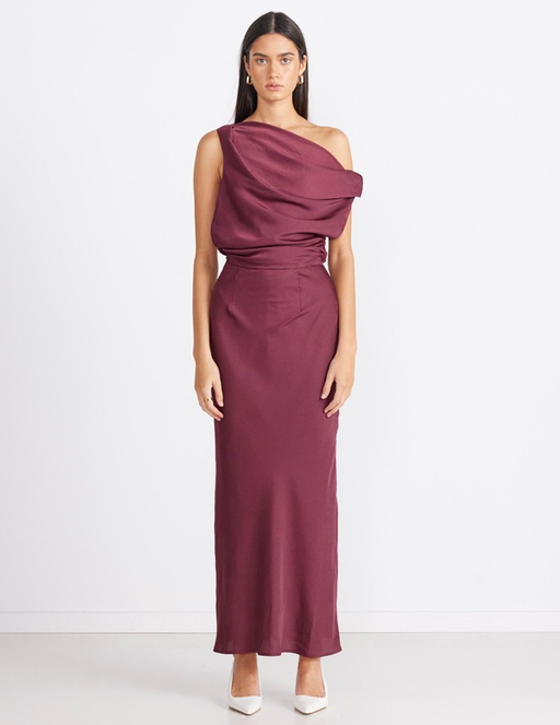 A woman wearing The Iconic burgundy calissa maxi dress