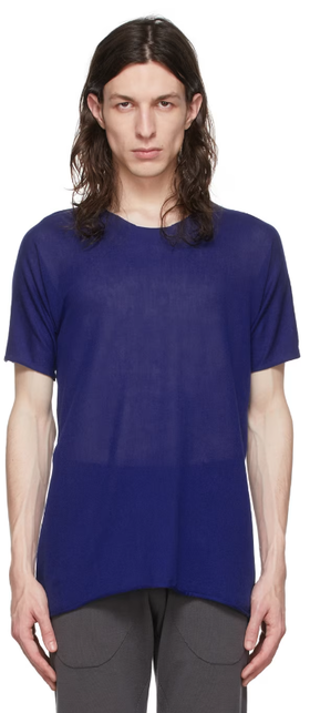 A man wearing Label Under Construction blue cotton t-shirt