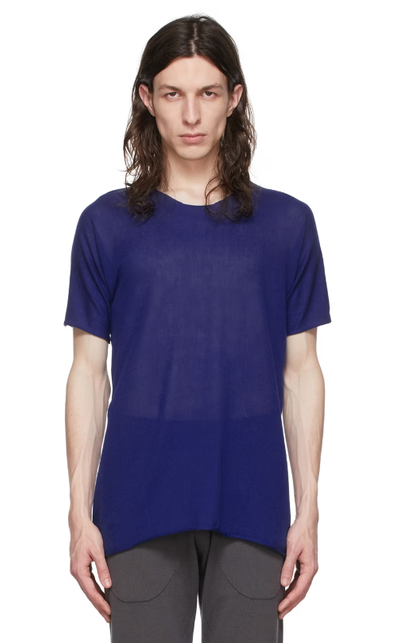 A man wearing Label Under Construction blue cotton t-shirt