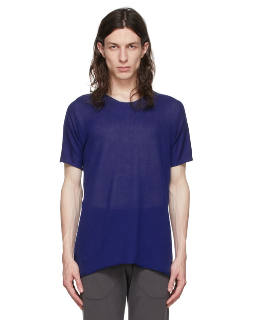 A man wearing Label Under Construction blue cotton t-shirt