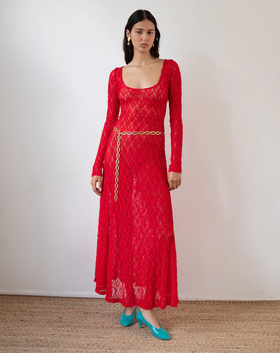 A woman wearing Rejina Pyo mila dress lace red