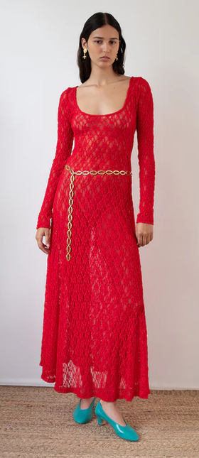 A woman wearing Rejina Pyo mila dress lace red