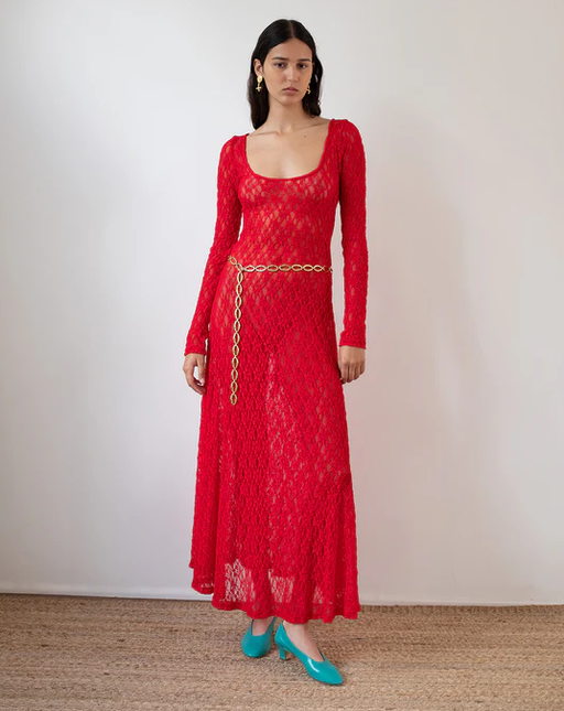 A woman wearing Rejina Pyo mila dress lace red