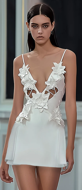 A woman wearing JW Pei yuliya white floral embellishment v-neckline mini dress - white