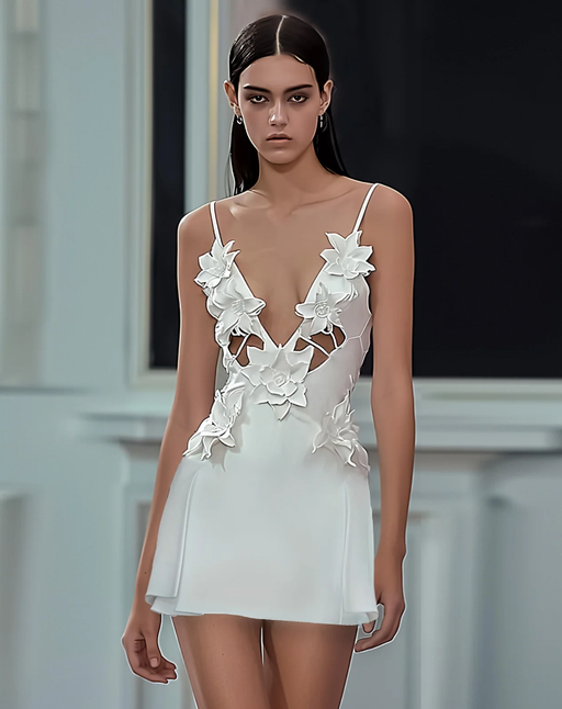 A woman wearing JW Pei yuliya white floral embellishment v-neckline mini dress - white