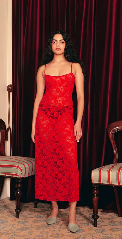 A woman wearing Sister Studios peaches lace dress | red