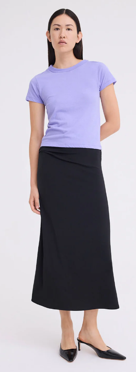 A woman wearing Jack+Jack periwinkle lilac color baby pima cotton tee