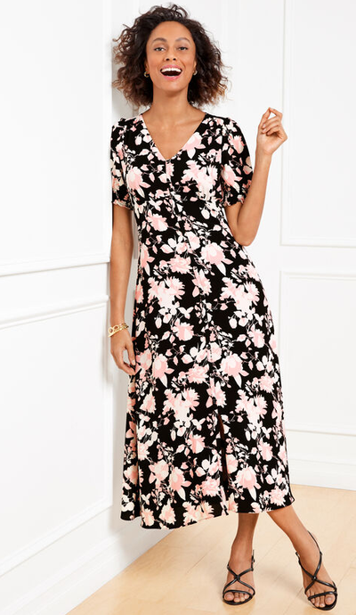 A woman wearing Talbots crepe midi dress - silhouette roses