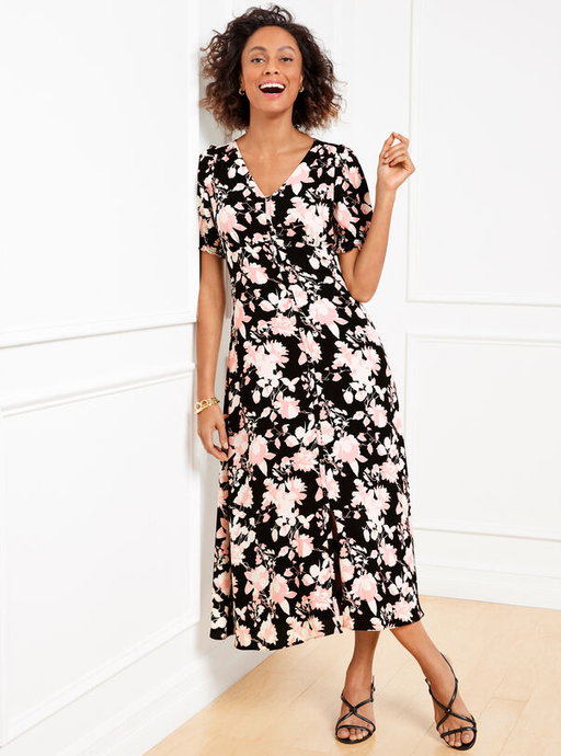 A woman wearing Talbots crepe midi dress - silhouette roses
