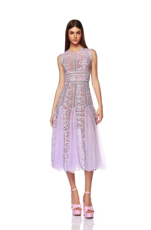 A woman wearing Bronx and Banco megan violet midi dress
