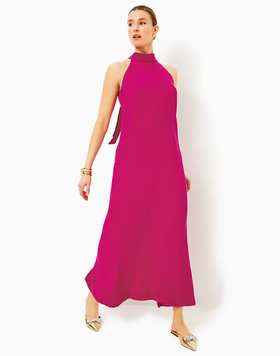 A woman wearing Lilly pulitzer alaric halter maxi dress