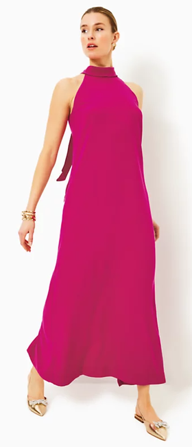 A woman wearing Lilly pulitzer​ alaric halter maxi dress