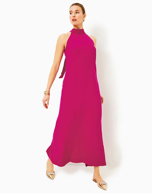 A woman wearing Lilly pulitzer alaric halter maxi dress