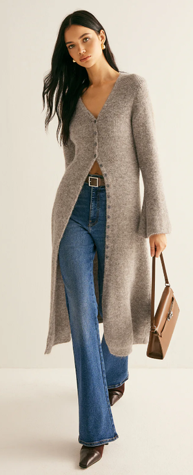 A woman wearing Commense stacking v-neck split breasted sweater dress