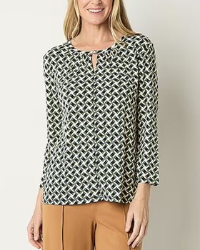 A woman wearing a Liz Claiborne shirt