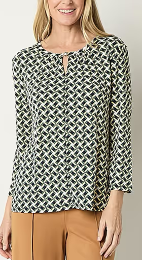 A woman wearing a Liz Claiborne shirt