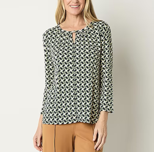 A woman wearing a Liz Claiborne shirt