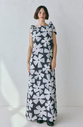 A woman wearing VRG GRL frances maxi dress fiore