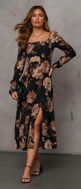 A woman wearing Vici Collection back to you floral midi dress